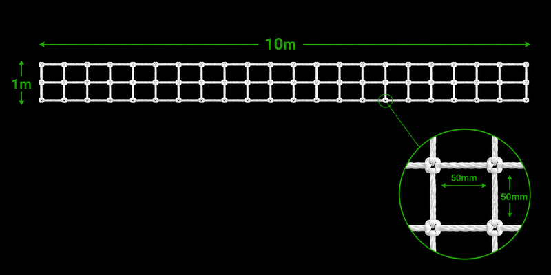 10.0m x 1.0m Net showing dimensions and 50mm square features, ideal for various applications.