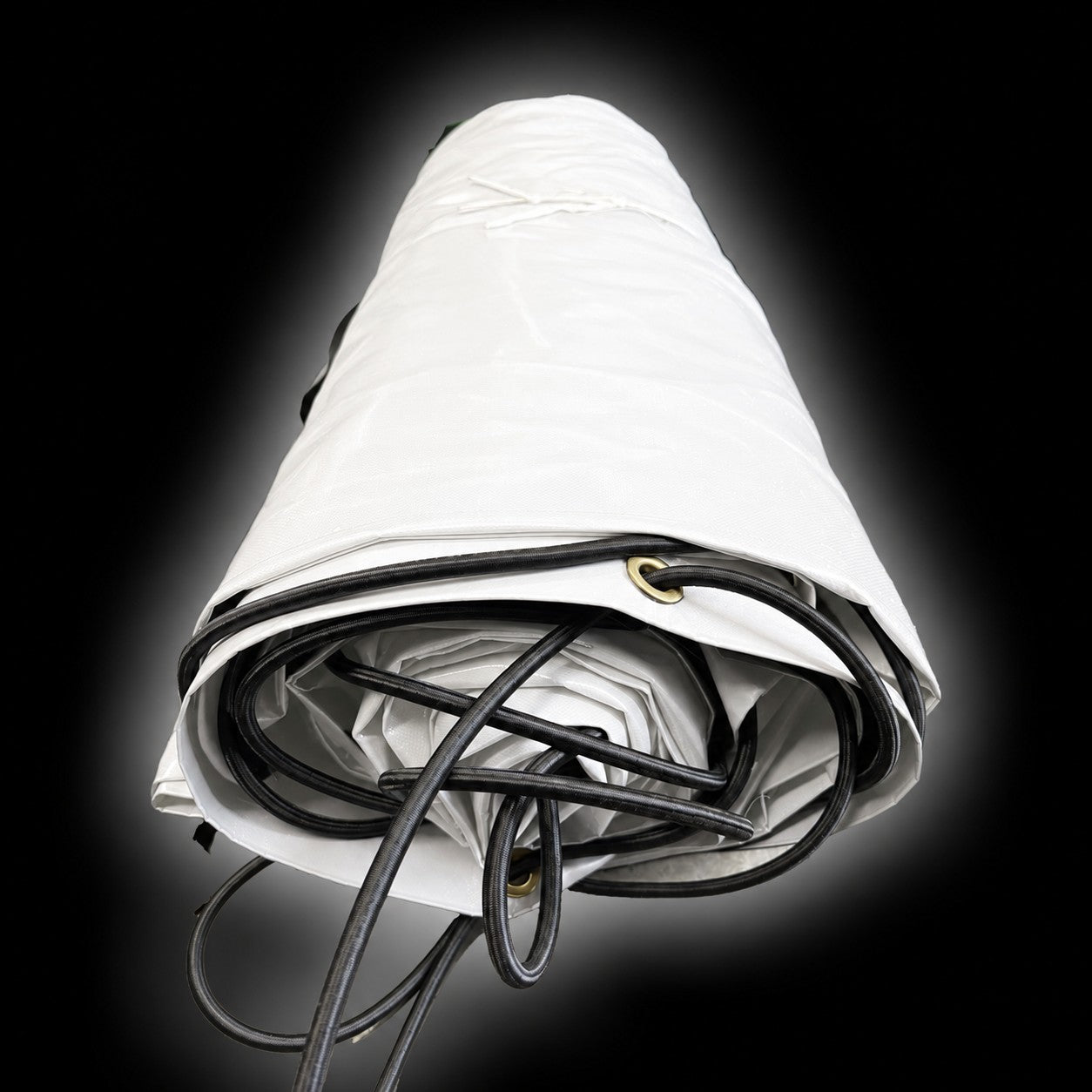 3x White Cover Tops 8m rolled and ready for use, featuring black trim and eyelets for easy installation.