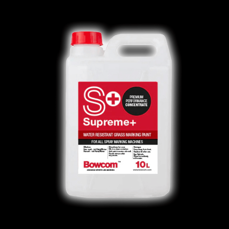 Bowcom Supreme Plus Paint in a 10L container, premium performance concentrate for line marking and grass marking.