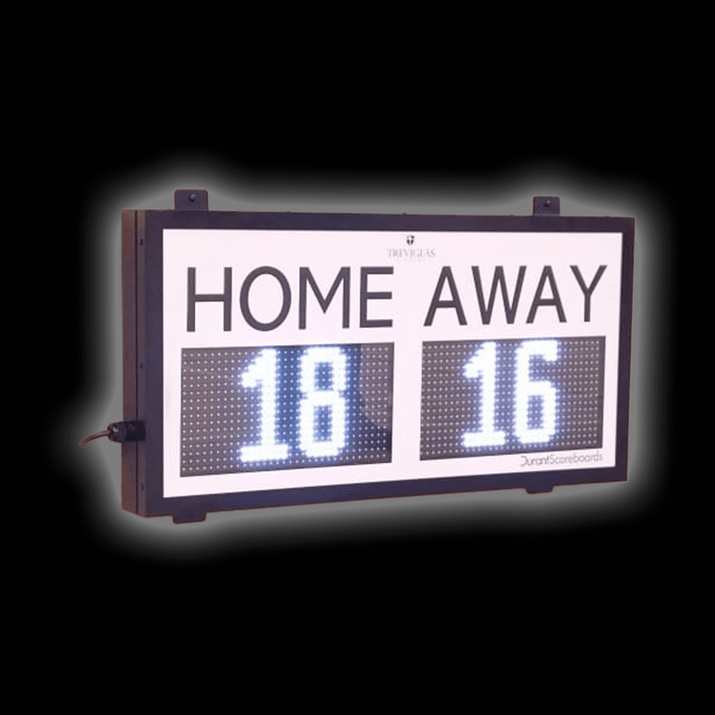 HOME/AWAY Indoor Scoreboard showing scores for home and away teams.