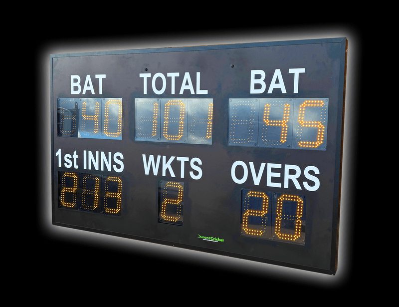 DC15 Standard Scoreboard displaying scores: BAT, TOTAL, 1ST INNS, WKTS, and OVERS with bright LED digits.