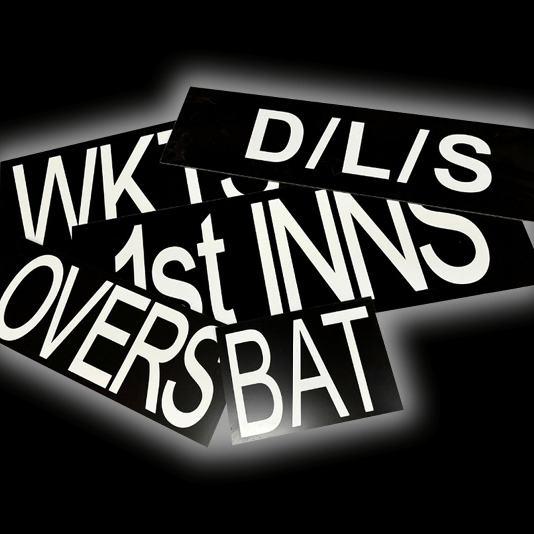 Scoreboard Signs featuring high-visibility white lettering on black backgrounds for scoring in sports.