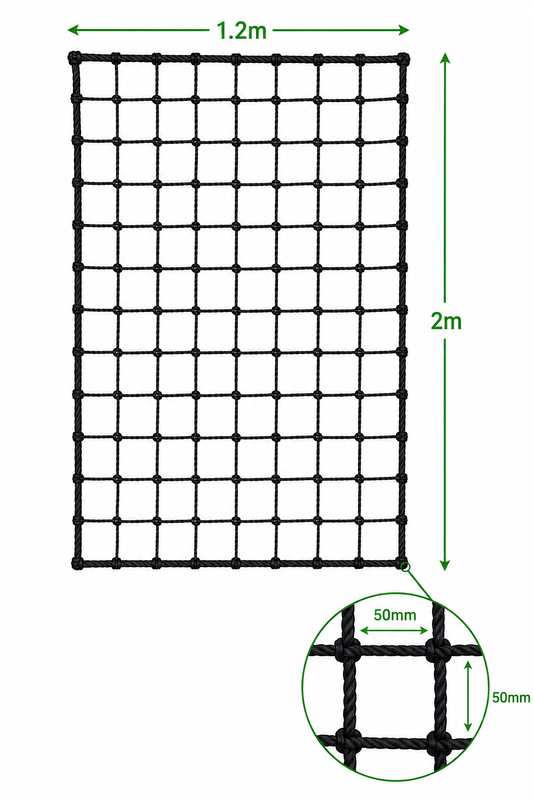 1.2m x 2.0m Net black net section, 2mm thickness, and 50mm squares dimensions displayed.