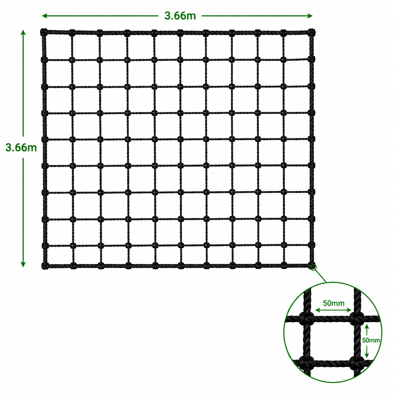 3.66m x 3.66m Net - black net section with 50mm squares and 2mm thickness.