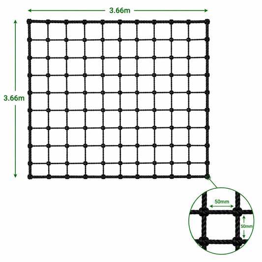 3.66m x 3.66m Net - black net section with 50mm squares and 2mm thickness.