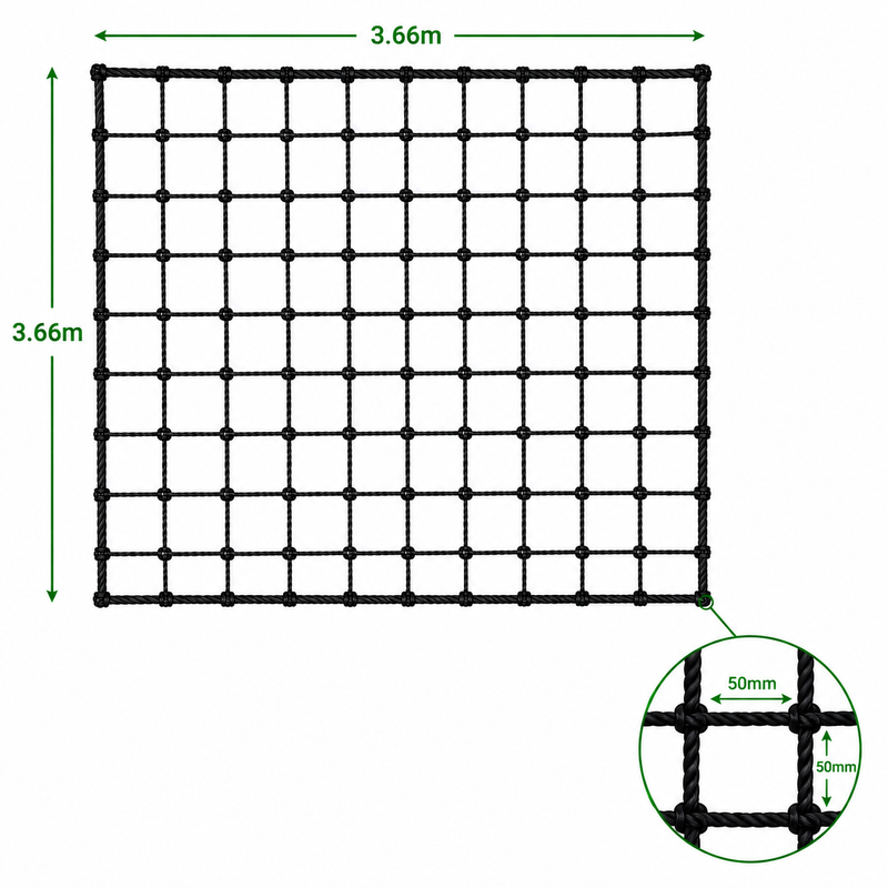 3.66m x 3.66m Net - black net section with 50mm squares and 2mm thickness.