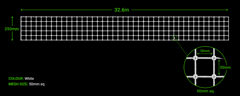 32.6m x 250mm Net, white net section showing 50mm squares and 2mm thickness dimensions.