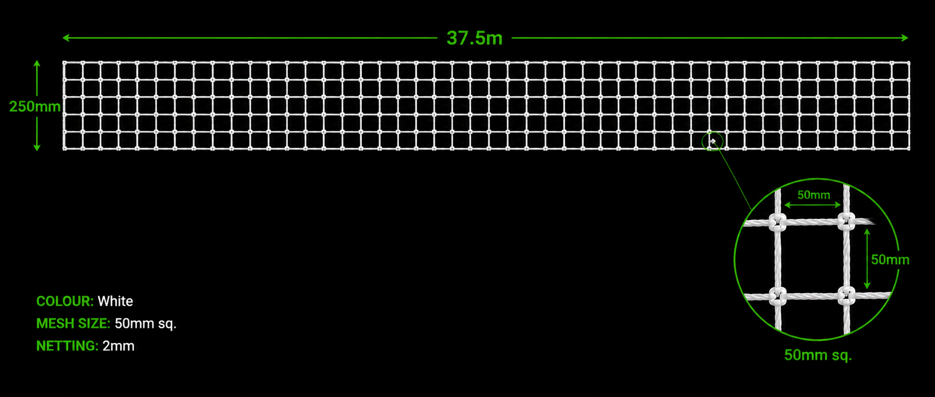 37.5m x 250mm Net featuring 50mm squares and 2mm thickness, ideal for various applications.