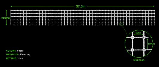 37.5m x 250mm Net featuring 50mm squares and 2mm thickness, ideal for various applications.