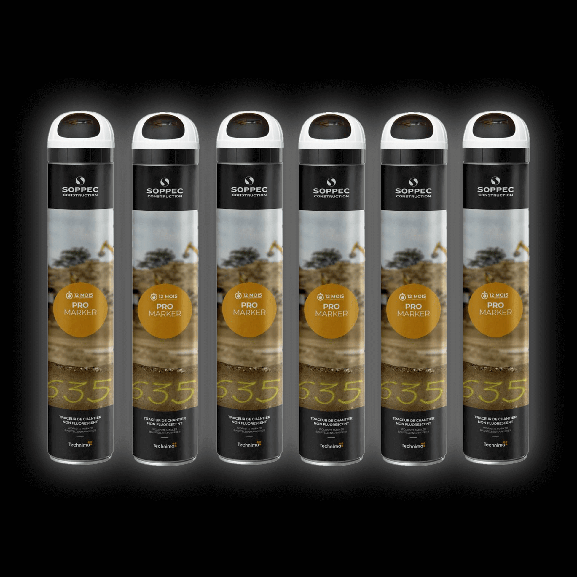 6 Pack of White Soppec Artificial Surface Marking Aerosols displayed in a row, showcasing 750ml spray cans.