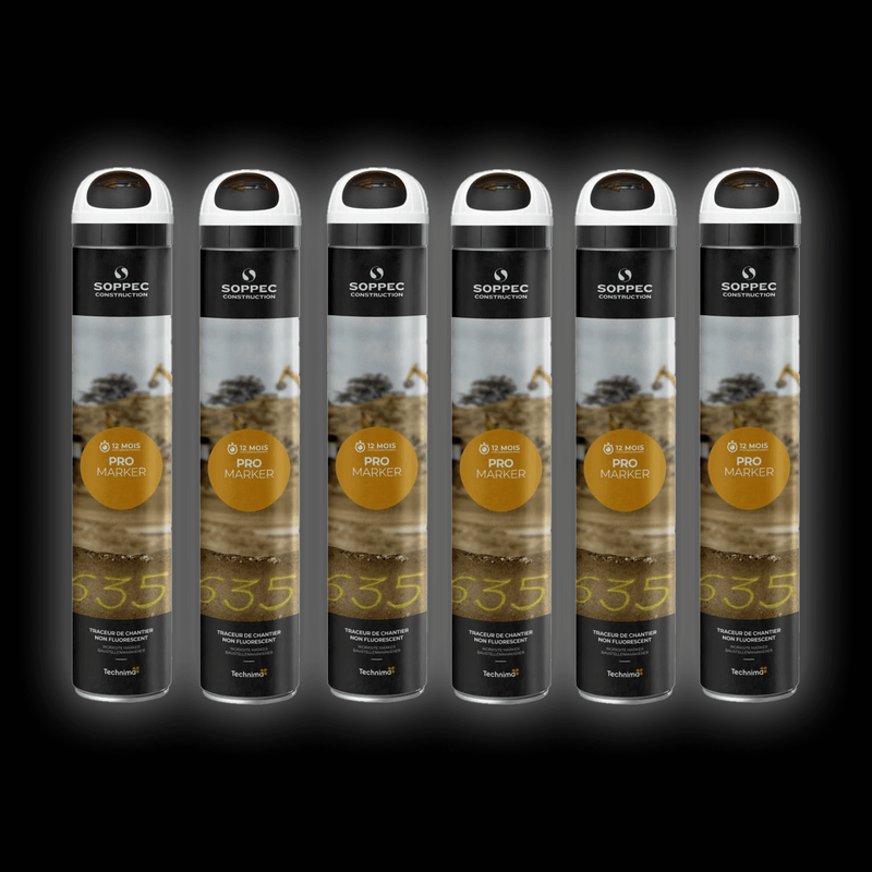 6 Pack of White Soppec Artificial Surface Marking Aerosols displayed in a row, showcasing 750ml spray cans.