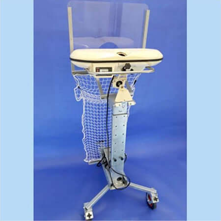 BOLA Column Stand with adjustable height, wheels for stability, and storage tray for bowling equipment.