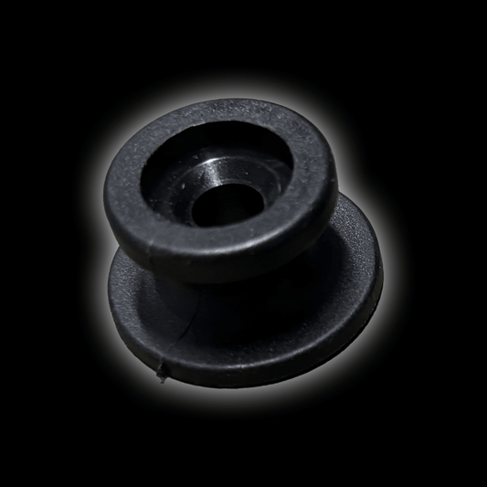Bungee Retaining Clip, a black clip designed for guttering, showing its circular shape and central hole.