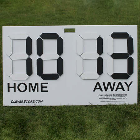 CleverScore Standup Double Sided Manual Scoreboard displaying current scores for HOME and AWAY teams.