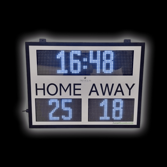 HOME/AWAY/TIME Indoor Scoreboard with timer and score display for sports events.