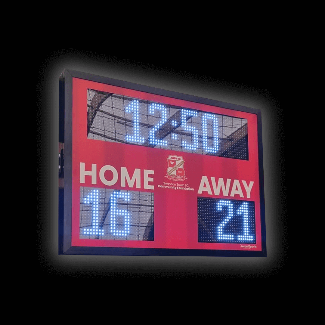 HOME/AWAY/TIME Indoor Scoreboard displaying time and scores for home and away teams.