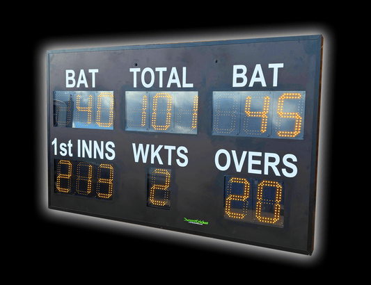 DC15 Standard Scoreboard displaying scores: BAT, TOTAL, 1ST INNS, WKTS, and OVERS with bright LED digits.