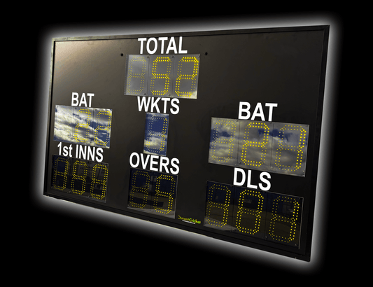 DC18 Standard Scoreboard showing LED digits for total, wickets, overs, first innings, and DLS.