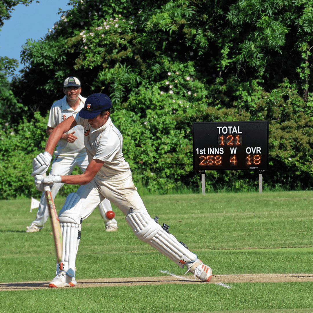 DC9 6" Repeater 1st INNS scoreboard displayed as player bats in a cricket match.