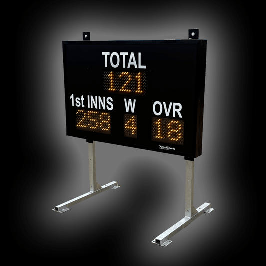DC9 6" Repeater 1st INNS scoreboard displaying scores and stats for cricket. Visible from 90 meters.