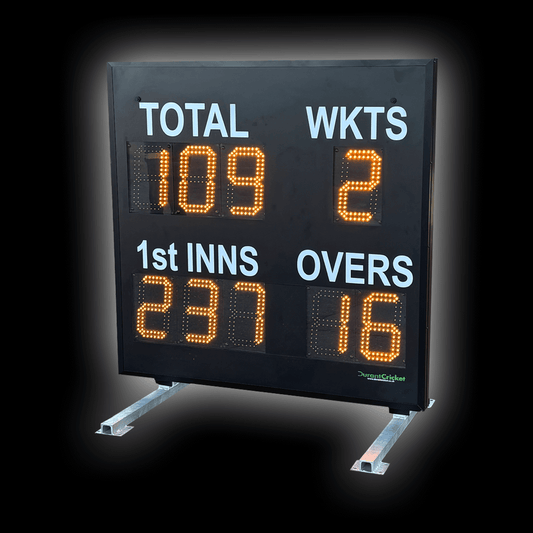 DC9 Standard Scoreboard displaying bright LED digits for TOTAL, WKTS, 1ST INNS, and OVERS.