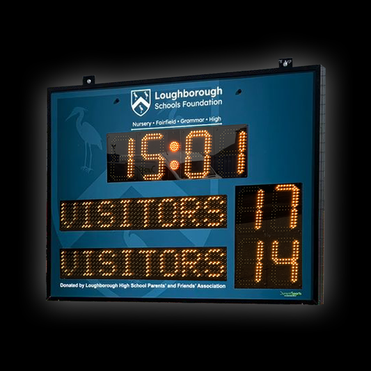 DSF3 Standard Scoreboard showing time and scores for Loughborough Schools Foundation.