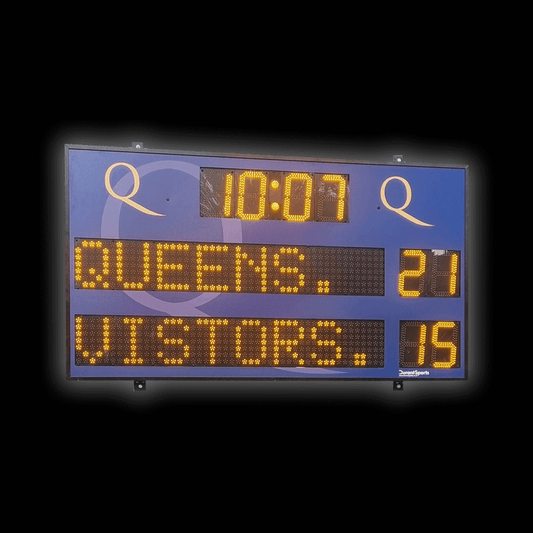 DSF4 Standard Scoreboard displaying time and team scores for Queens and Visitors.