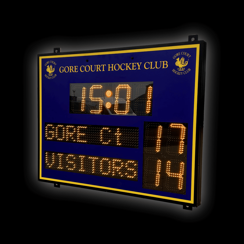 DSH3 Standard Scoreboard displaying game time and team scores for Gore Court Hockey Club.