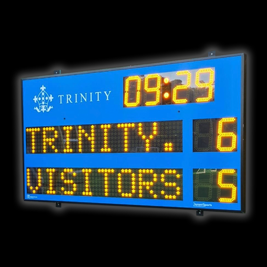 DSH4 Standard Scoreboard at Trinity School showing match time and scores for teams.