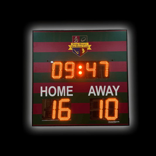 DSR2 Standard Scoreboard displaying time 09:47 and scores Home 16, Away 10 in bright LED digits.