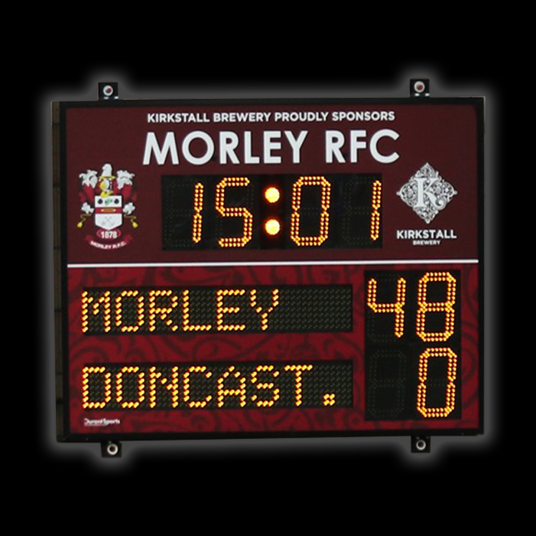 DSR3 Standard Scoreboard showing Morlet RFC score, time, and team names with bright LED display.
