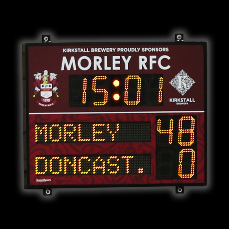 DSR3 Standard Scoreboard showing Morlet RFC score, time, and team names with bright LED display.
