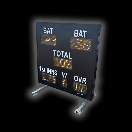 DC15 Cricket Scoreboard - 6" displaying BAT scores, TOTAL, WKTS, OVERS, and 1st INNS in bright LED digits.