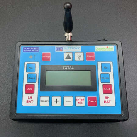 Electronic Scoreboard Console with buttons for cricket scoring, ready for play.