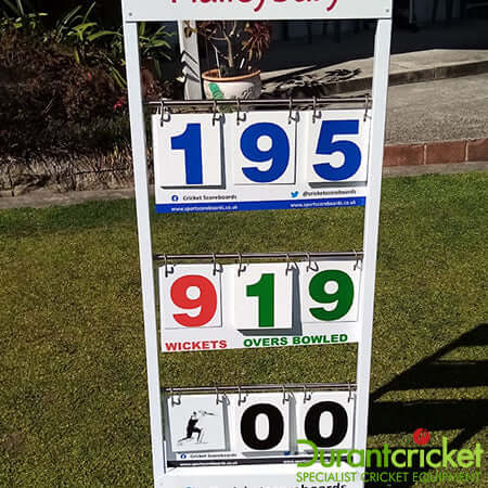 Freestanding Cricket Scoreboard displaying match scores, wickets, and overs bowled outdoors.