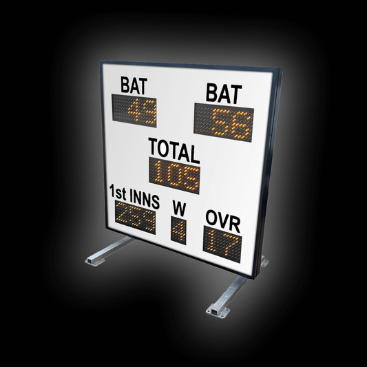 Indoor DC15 - 6" Scoreboard displaying BAT scores, TOTAL, WKTS, OVERS for indoor cricket competitions.