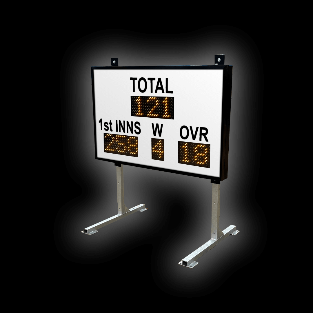Indoor DC9 Cricket Scoreboard displaying scores: TOTAL 121, 1st INNS 234, OVERS 10 on LED digits.