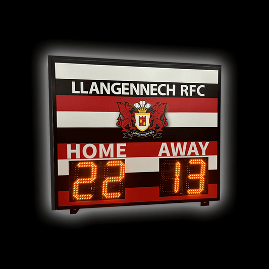 DSR1 Standard Scoreboard displaying Llangennech RFC home and away scores with bright LED digits.