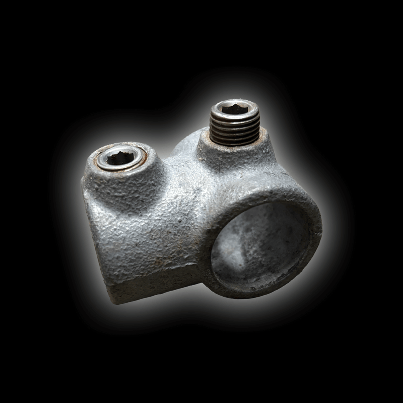 Mobile Cover 2 Way Clamp image showing a metal component with two threaded openings.