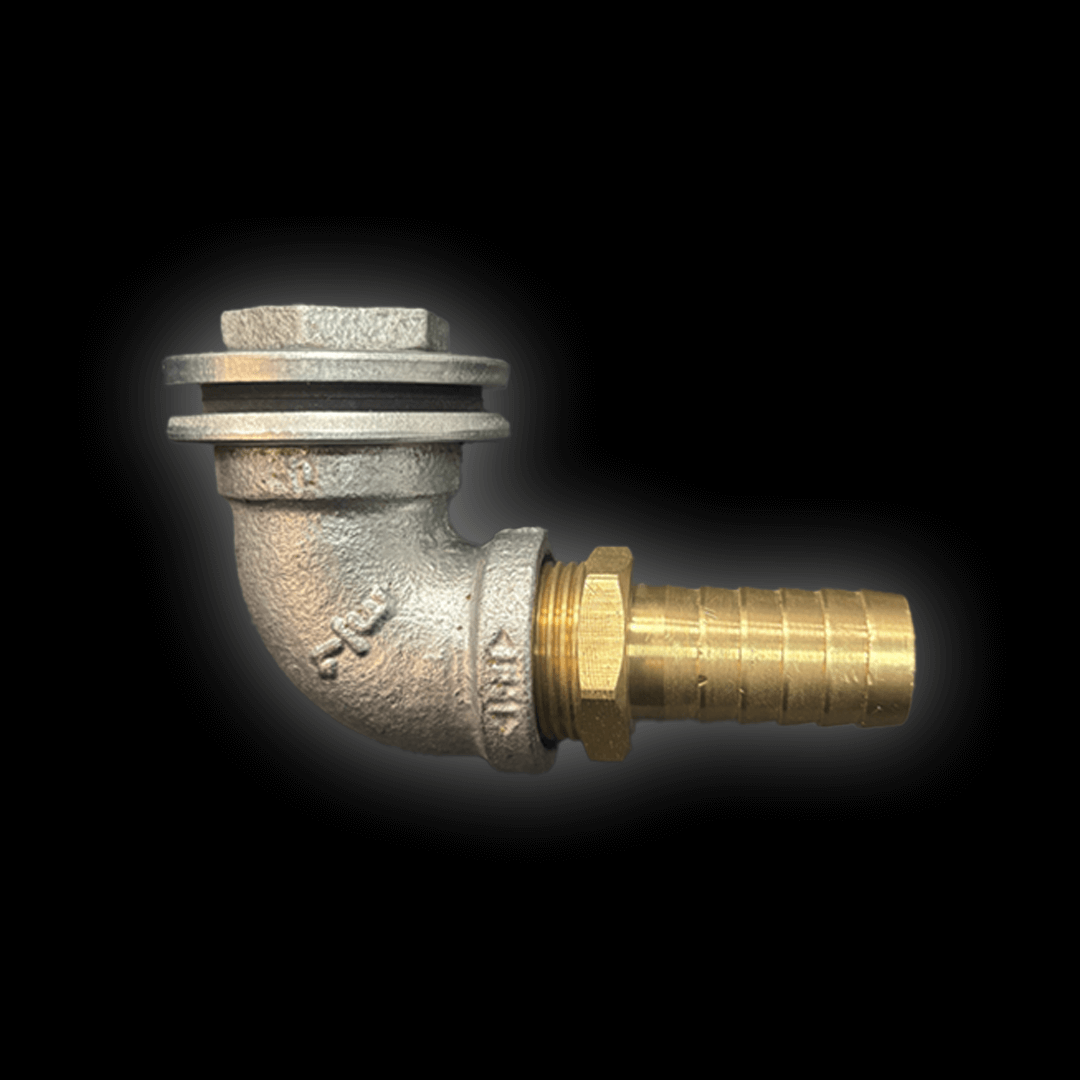 Mobile Cover Elbow with Outlet, featuring a locking nut and hose connector outlet for secure installation.